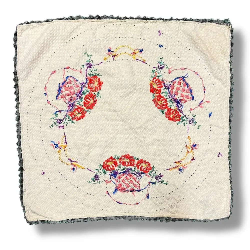 Vintage 30s Embroidered Tablecloth Baskets of Flowers Multicolor 32 inch Square